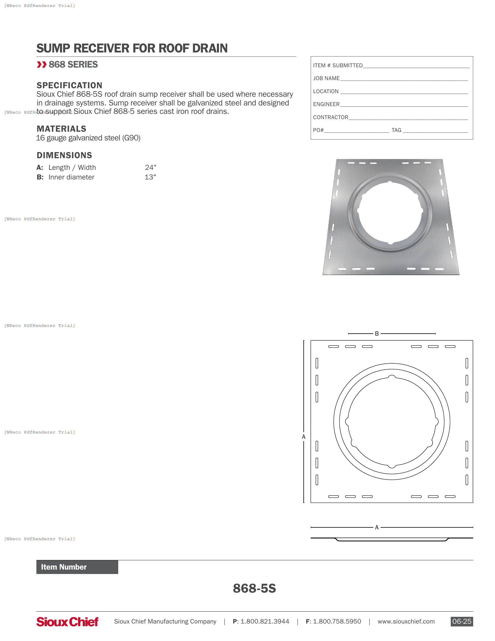 868-5S - ROOF DRAIN SUMP RECEIVER - SPEC SHEET.PDF Specification Document